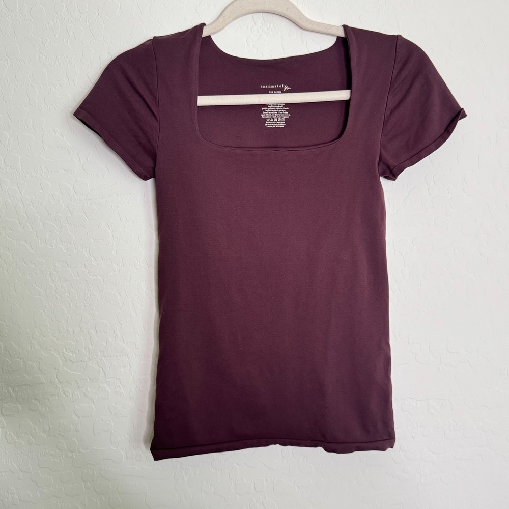 Free People Womens Nylon Top L/XL Plum Square Neck Seamless Tee Layering Fall